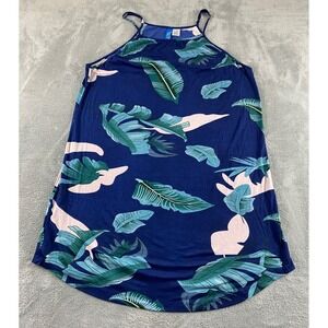 Island Beach‎ Womens XL Blue Tropical Palm Leaf Halter Neck Cotton Blend Dress